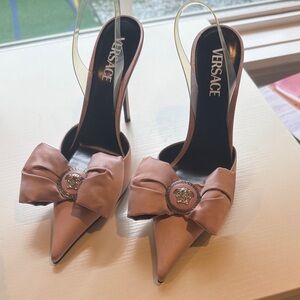 Versace Rose Pink Satin Bow Slingback Pumps with Medusa Emblem